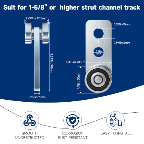 2Wheel Trolley Assembly Rollers.Bearing Trolley Assembly.The top of the Trolley has Room for Set Screws, Allowing the use of a 1-5/8" high Strut Channel - style: E-2Wheel Trolley 4pcs