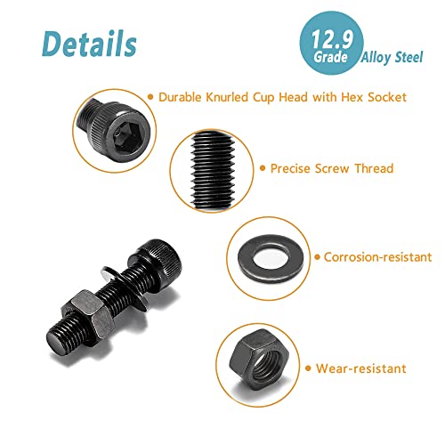 Kadrick Metric Screws Assortment - 100 Pcs M6 Hex Socket Head Cap Bolts, 8mm/12mm/16mm/20mm/30mm With Nuts and Washers - 12.9 Grade Alloy Steel, Black Zinc Plated, Anti-Rust Upgrade - size: M6 100Pcs