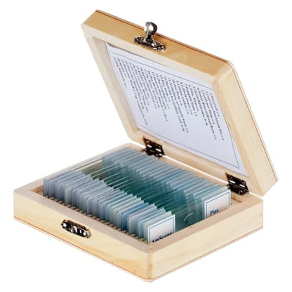 AmScope PS25 Prepared Microscope Slide Set for Basic Biological Science Education, 25 Slides, Includes Fitted Wooden Case Brown - color: Brown