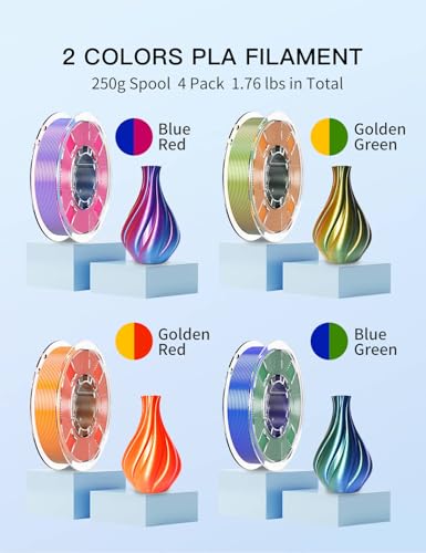 PINBALL Silk Dual Color PLA 3D Printer Filament Bundle 1.75mm, Shiny Multi-Color Changed by Angle PLA Filament, 250g Spool, 4 Rolls, Blue-red+Golden-Green+Golden-red+Blue-Green - color: Pla-250g*4-silk Dual Color, size: PLA-250g*4