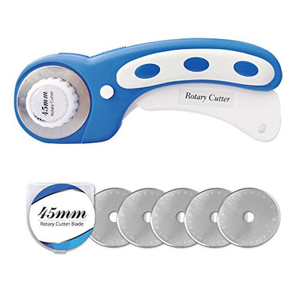 Headley Tools 45mm Rotary Cutter with 5pcs Extra Rotary Blades, Ergonomic Rolling Cutter with Safety Lock for Fabric, Sewing, Quilting, Cloth, Paper, Leather, Crafting, Fabric Rotary Cutter(Navy Blue) - color: Blue, size: 45mm