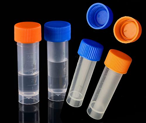 50 Pack 5ml Cryo Tubes，Plastic Graduated Vial Tube with Screw Caps,Small Test Sample Bottles Tubes Container with Lid，PP Material ，with Silica Gel Gasket (51) Bagged Orange