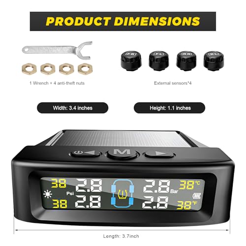 Sun Walker Tire Pressure Monitoring System, Wireless Tire Pressure Monitor with 4 Sensors & 6 Alarm Modes, Real-Time LCD Display TPMS with Solar & USB Charger for RV Truck Trailer