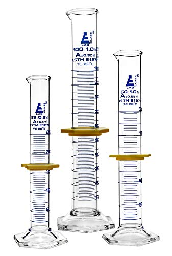 EISCO Premium Graduated Cylinder Set - 25mL, 50mL & 100mL - ASTM, Class A - Protective Collars, Hexagonal Base - Blue Graduations - Borosilicate 3.3 Glass