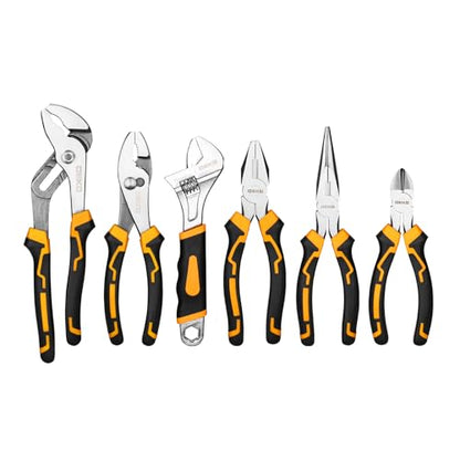 6PCS Pliers Set, 10" Water Pump Plier 8" Slip Joint/Linesman/Long Nose Plier 6" Diagonal 8" Adjustable Wrench | Premium CR-V Tools with Storage Bag for Home Repair, Workshop & DIY Professional Use
