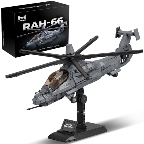 MISINI M8022 1:35 U.S. Army RAH-66 Comanche Stealth Armed Helicopter Building Blocks Set, 1068 Pcs Military Aircraft Model with Base, Collectible Display Gift for Adult Hobbyists and Collectors