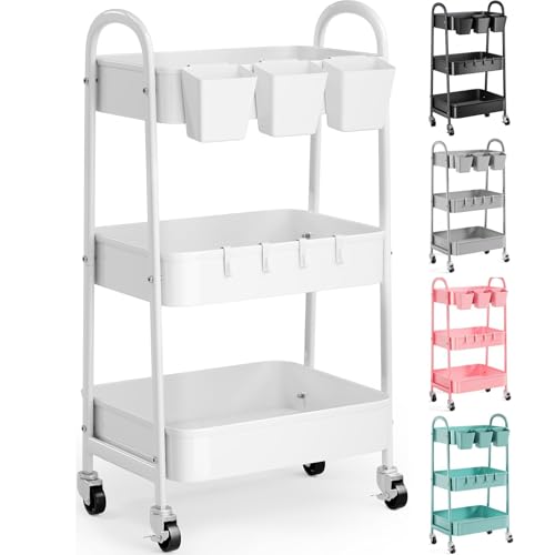 3 Tier Heavy Duty White Metal Rolling Cart with Lockable Wheels, Baby Carts - color: Simple White, size: 3 tier