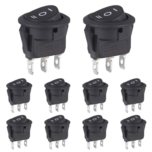VEXUNGA Round Rocker Switch 3 Pin Circle Switches Square On Off On 6A 250V 10A 125V AC Black Round Toggle Switch Square for Car Marine Boat (Pack of 10pcs) - style: 10Pcs 3 Pin ON/OFF/ON - Black
