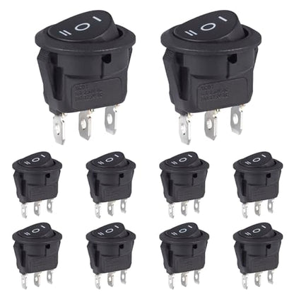 VEXUNGA Round Rocker Switch 3 Pin Circle Switches Square On Off On 6A 250V 10A 125V AC Black Round Toggle Switch Square for Car Marine Boat (Pack of 10pcs) - style: 10Pcs 3 Pin ON/OFF/ON - Black
