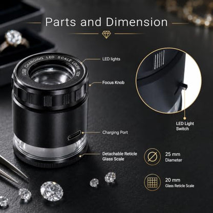 10X Rechargeable Jewelers Loupe Magnifier with LED Light & Detachable Reticle Scale, 25mm Field of View, Adjustable Focus Scale Loupe Jewelry Magnifying Glass for Gems, Coins, Watches, Close Work - color: 1 Glass Reticle Scale