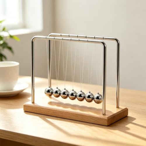 Newtons Cradle Balance Pendulum Balls, Swinging Kinetic Balls with Beech Base, Science Physics Educational Learning Tool, Office Home Creative Decoration, Stress Relief Fidget Desk Toy (Large) - size: Beech Base Large - 7 Balls