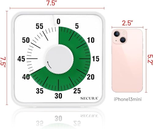 Secura 60-Minute Visual Countdown Timer, 7.5-Inch Oversize Classroom Visual Timer for Kids and Adults, Durable Mechanical Kitchen Timer Clock with Magnetic Backing (White-Green) - color: Green