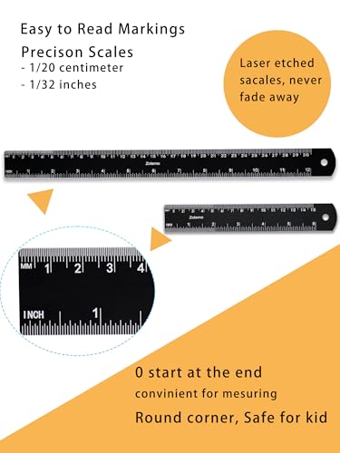 Metal Rulers, 6 and 12 Inch Aluminum Scales with Imperial and Metric Measurements, Laser Etched, Easy to Read, 0 Starts at the end, 2 Pack