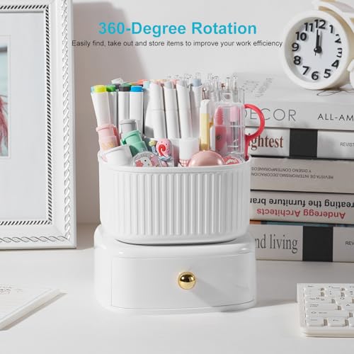 Pencil Pen Holder with Drawer, 5 Slots 360 Degree Rotating Pen Organizer For Desk, Desktop School Supplies Desk Accessories for Office School Home Art Supply White - color: With Drawer White