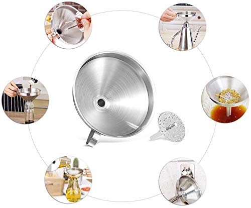 Kitchen Funnel, 3 Piece Stainless Steel Funnels Set with Handle Design and Removable Strainer, Great for Transferring of Liquid, Fluid, Dry Ingredients & Powder, Funnels for Filling Bottles - size: 3 Pack (5.7" + 5.0" + 4.1")