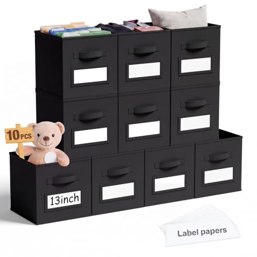 10 Pack Fabric Storage Cubes with Label 13" Collapsible Cube Bins, Black - color: Black, size: 13 Inch