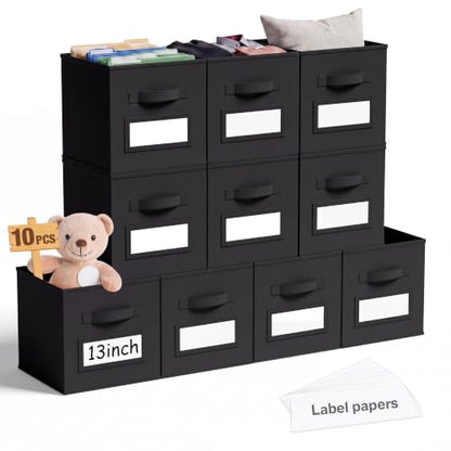 10 Pack Fabric Storage Cubes with Label 13" Collapsible Cube Bins, Black - color: Black, size: 13 Inch