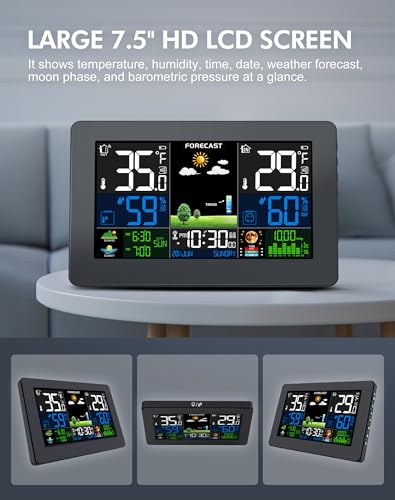 Weather Station Wireless Indoor Outdoor, 7.5" Large Color Display, Black - color: Black