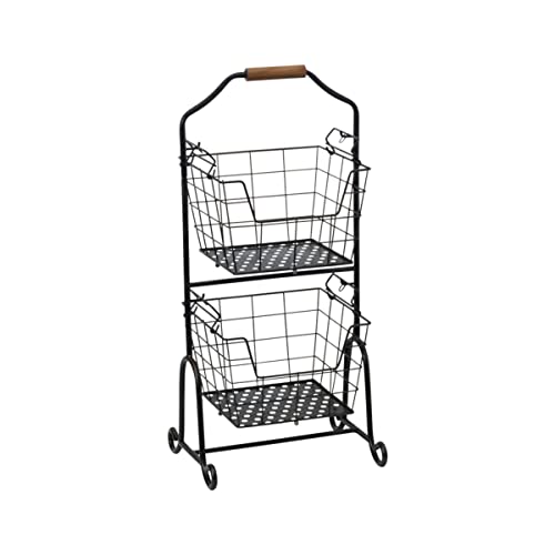 Mikasa Gourmet Basics Ferme 4-Tier Market Basket - Antique Black Wire and Acacia Wood Handle, Kitchen Fruit Vegetable Storage Organizer, 13.5 x 11.5 x 51 Inches - style: Ferme