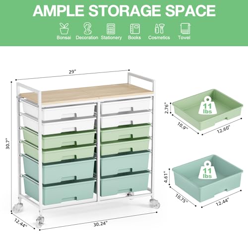 TOOLF 12 Drawers Rolling Storage Cart with Wooden Top for Classroom,Green - color: Green
