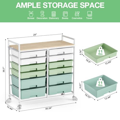 TOOLF 12 Drawers Rolling Storage Cart with Wooden Top for Classroom,Green - color: Green