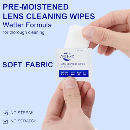ARCHXX 400 Count Lens Wipes for Eyeglasses, +1 Clip-On Pouch Microfiber Lens Cleaner, Individually Wrapped Pre-Moistened Eye Glasses Cleaner Wipes for Glasses, Sunglasses, Camera Lenses, Streak-Free