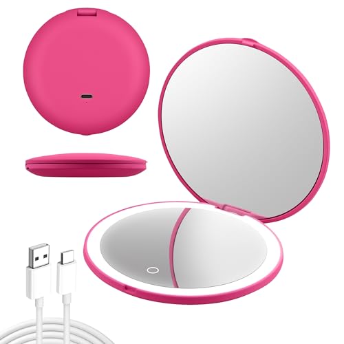 LED Compact Mirror with 1X/5X Magnification, 3 Light Modes CRI> 90 Travel Mirror with Auto On/Off, USB Rechargeable, Handheld and Portable Makeup Mirror for Travel & Purse – Hot Pink - color: Hot Pink