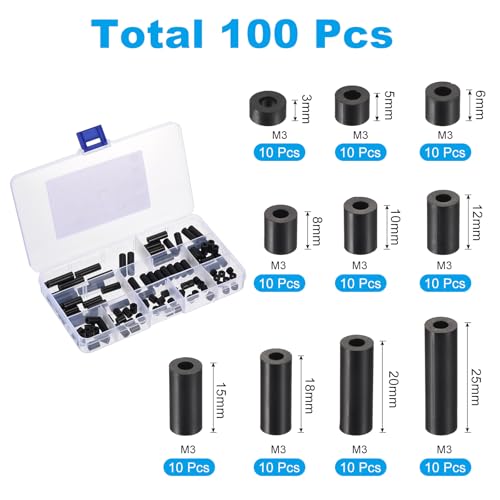 PATIKIL M3 Nylon Spacer Set, 100Pcs Non-Threaded ABS Round Spacer Standoff Assortment Electrical Outlet Spacers for PCB Motherboard, Circuit Board, Switch and Receptacle, Black - color: Black, size: M3