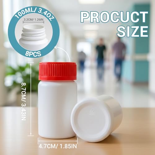 3.4oz Plastic Pill Bottles with Child Resistant Caps, Empty White HDPE Solid Containers with Labels, Reusable Supplement Bottles for Powder, Pills, Vitamins (8 Pack) - color: White+red, size: 3.4oz/100ml