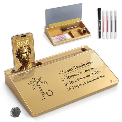 TOWON Compact Glass Desktop Whiteboard with Storage 12x7 in, Metallic Gold - color: Metallic Gold