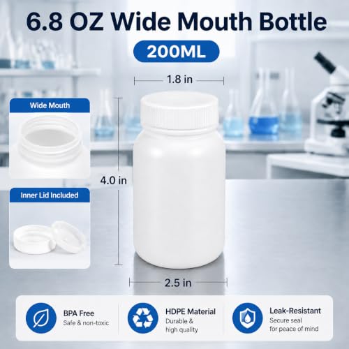 METAPACK 5 Pack 6.8 oz White HDPE Wide Mouth Lab Sample Bottles with Screw Caps, Removable Inner Caps and Labels, Plastic Sample Containers for Liquids, Powders, Granules, lab samples and Small Parts