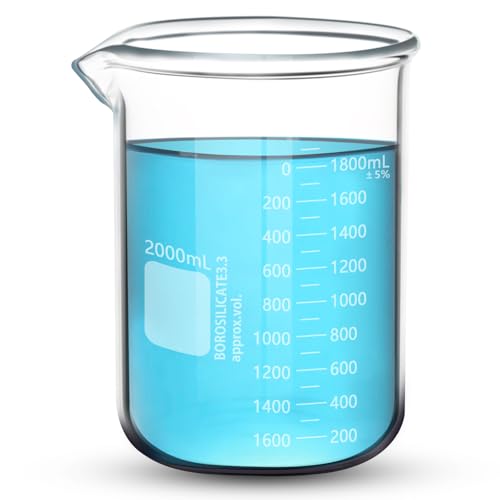 Heavy Duty 2000ML Glass Beaker, White Double Scale Graduation, Borosilicate 3.3 Glass, Low Form Griffin Lab Measuring Beaker, 1 Each (2000ML) - size: 2000ML