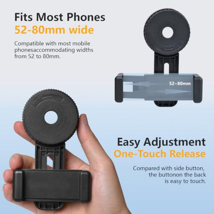 Universal Phone Adapter for Telescope with Wireless Shutter, 360° Rotating Digiscoping Mount for Binoculars, Monoculars, Spotting Scopes & Microscopes, Fits iPhone, Samsung & Android Phones