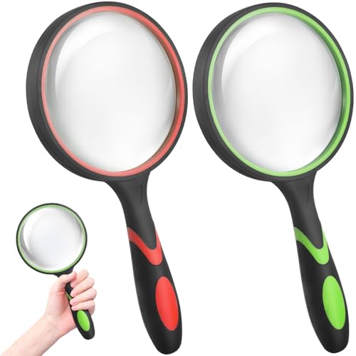 SenseYo 2 Pack 10X Handheld Magnifying Glass Large Reading Magnifier with Scratch Resistant Glass Lens for Kids Seniors Hobby Nature Exploration Scientific Activities (Green & Red) - color: Mixed 2 Pcs