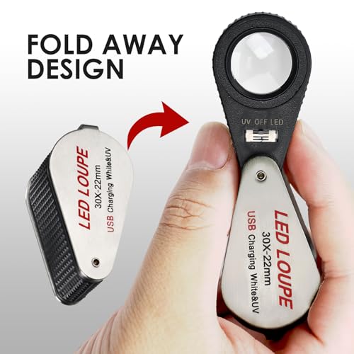 30X Loupe Magnifier USB Rechargeable 6 White and 6 UV Lights, 22mm Optical Lens Illuminated Pocket Foldable Eye Loupe Sewing Magnifying Glass for Watches, Coins, Currency, Stamps,Circuit Board