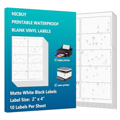 4" x 2" Matte White Printable Bottle Labels Waterproof Vinyl Sticker Labels 200 Labels Inkjet & Laser Printer Compatible