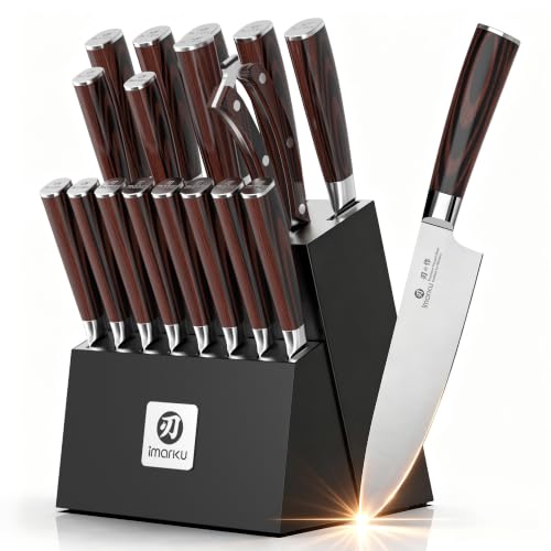 imarku 18-Piece Japanese Santoku Stainless Steel Knife Set with Block - color: Pure Black