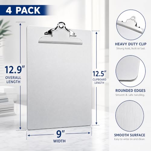 4 Pack Metal Clipboard, 12.5 x 9 Inch Heavy Duty Aluminum Clipboard, Contractor Clip Board with Low Profile Clip, A4 Letter Size Document Holder for Office School Jobsite Laboratory Medical