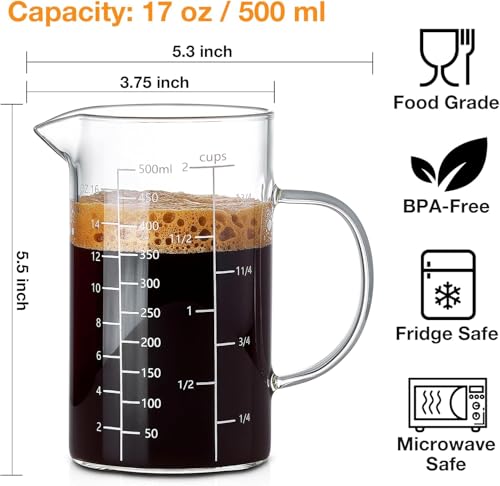 BCnmviku 500ML 2 CUP Glass Measuring Cup With Handle, High Borosilicate Glass Three Scales (OZ, Cup, ML/CC for Kitchen or Restaurant Easy To Read (Pack of 3) - size: large (Pack of 3)