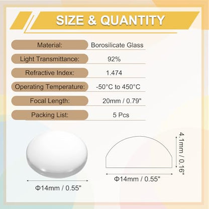 PATIKIL 5 Pack Convex Lens, 14mm OD 20mm Focal Length Optical Lenses - size: 14mm OD x 4.1mm H x 20mm Focal L