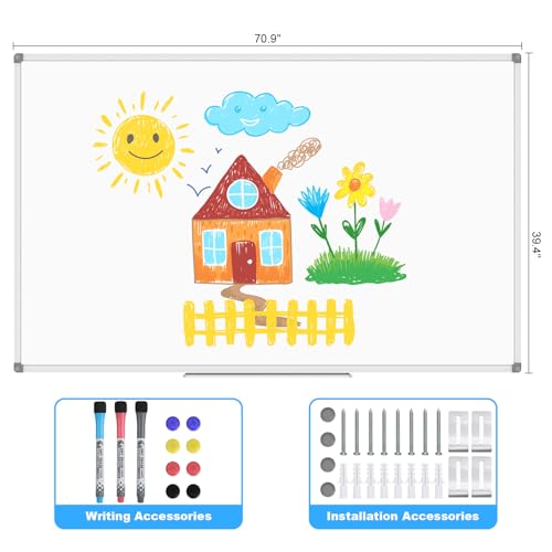 Lockways Large 72" x 40" Magnetic Dry Erase Board, White Board Wall Mounted - color: Silver, size: 72"W x 40"H