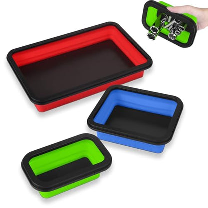 Collapsible Magnetic Parts Tray Set, 3 Different Size Tool Trays - color: Red (L) + Blue (M) + Green (S)
