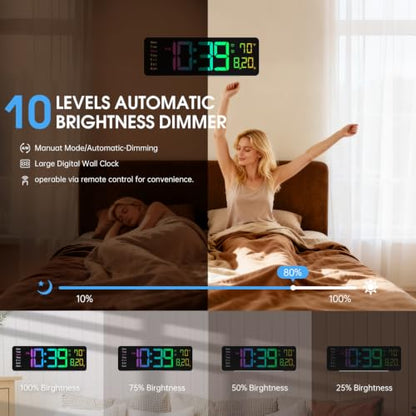 16" Large Digital Wall Clock for Classroom with RGB Remote Dual Alarm Timer - color: Clock-adt-rgb