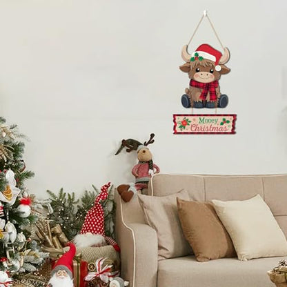 HLNIUC Mooey Christmas Wall Sign Cute Xmas Highland Cow Door Sign for Home - color: Christmas 2