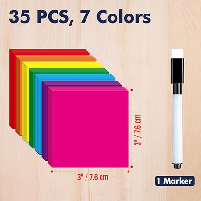 35 PCS Magnetic Sticky Notes, Reusable Dry-Erase Magnets, 7 Colors Magnetic Stickers with 1 Marker, Writable Labels for Whiteboard, Locker, Fridge, Metal Surfaces, School, Office, Home (3" x 3")