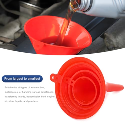 4 PCS Oil Funnels, 4 Sizes Wide Mouth Plastic Gas Funnel with Long Reaching Spout, Automotive Filling Funnels Liquid Transfer Set for Engine Oil Gasoline Coolant, Car Accessories