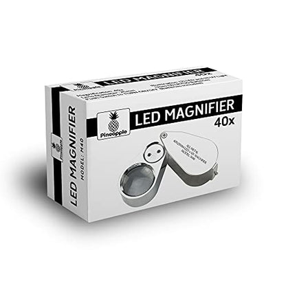 Pineapple 40X Jewelers Loupe with Light, UV Lighted Magnifying Glass Eye Loop, LED Illuminated Metal Pocket Magnifier for Jewelry, Currency, Plants, Coins, Diamonds, Stamps