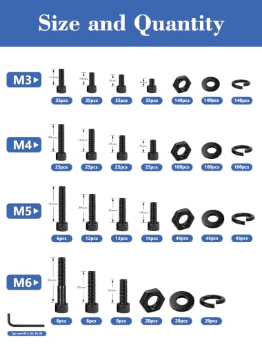 1220PCS Metric Bolt Assortment Kit, M3 M4 M5 M6 Head Cap Socket Cap Screws with Hex Nuts, Flat & Spring Lock Washers, 12.9 Grade Alloy Steel Black Oxide Allen Hex Keys, 3D Printing Electronics Repair - size: M3M4M5M6 1220pcs