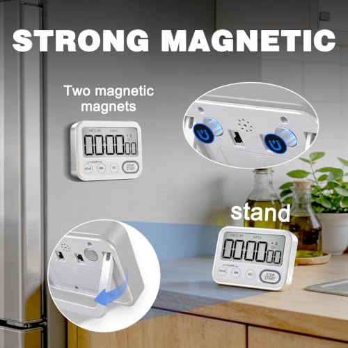 Digital Kitchen Timer Magnetic Loud Alarm, Large LCD Screen Silent/Beeping Multi-Function for Teachers Classroom Kids, Silver - color: Silvery