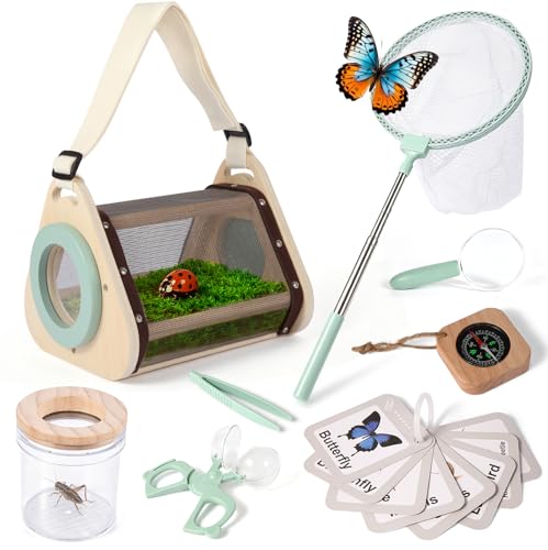 FIIOEOY Wooden Bug Catcher Kit for Kids - 8-in-1 Outdoor Explorer Set with Magnifying Glass, Butterfly Net STEM Learning Toys for Ages 3-8 Nature Gift for Boys & Girls